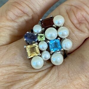 Sterling Silver Pearl & Multistone Cluster Ring 925 | Size ~7.25–7.75